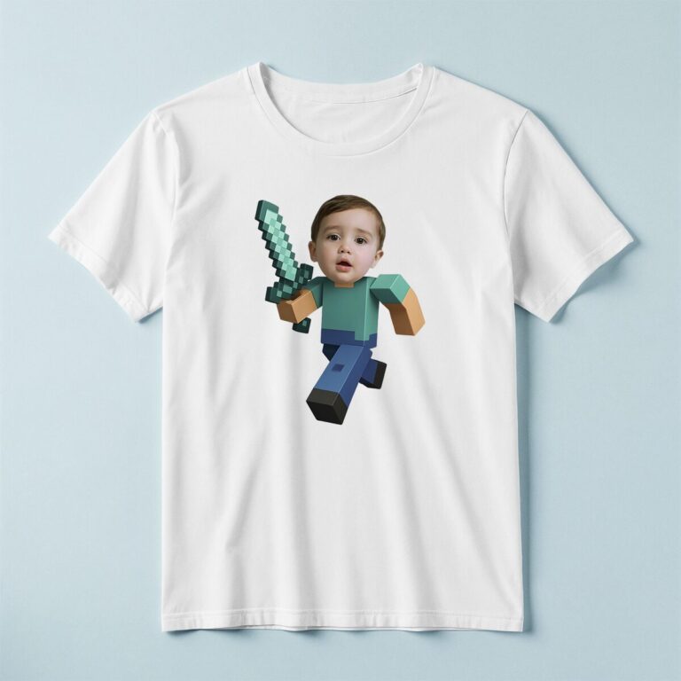 Custom Pixel-Style Adventurer with Sword Face Cutout – T-shirt Custom Pixel-Style Adventurer with Sword Face Cutout shown on a T-shirt mockup