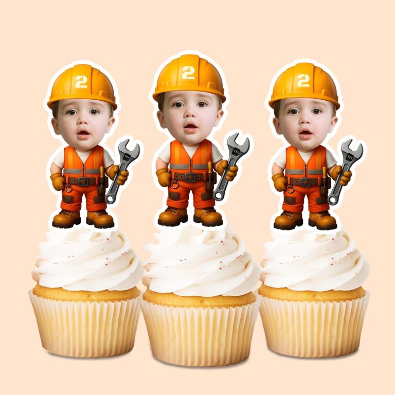 Custom Number 2 Construction Mechanic Face Cutout – Cupcake Topper Custom Number 2 Construction Mechanic Face Cutout shown on a cupcake topper mockup