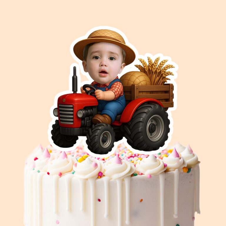 Custom Farm Driver on a Red Tractor Face Cutout – Cake Topper Custom Farm Driver on a Red Tractor Face Cutout shown on a cake topper mockup
