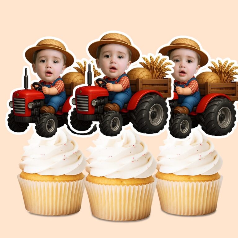 Custom Farm Driver on a Red Tractor Face Cutout – Cupcake Topper Custom Farm Driver on a Red Tractor Face Cutout shown on a cupcake topper mockup