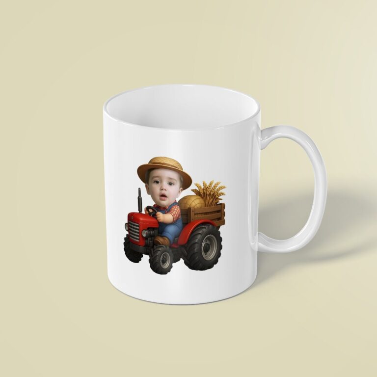 Custom Farm Driver on a Red Tractor Face Cutout – Mug Custom Farm Driver on a Red Tractor Face Cutout shown on a mug mockup