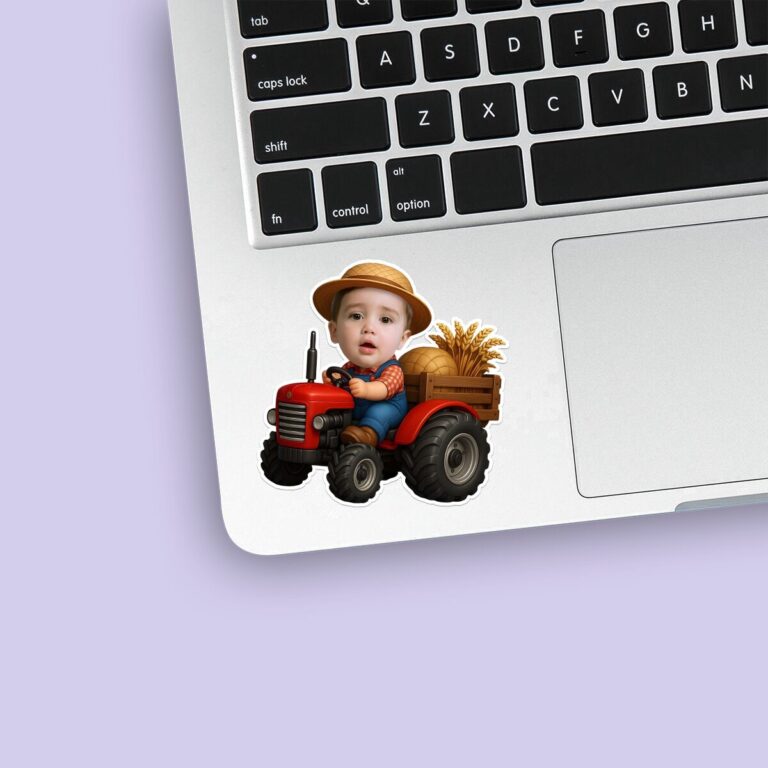 Custom Farm Driver on a Red Tractor Face Cutout – Sticker Custom Farm Driver on a Red Tractor Face Cutout shown on a sticker mockup