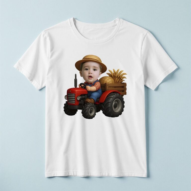 Custom Farm Driver on a Red Tractor Face Cutout – T-shirt Custom Farm Driver on a Red Tractor Face Cutout shown on a T-shirt mockup