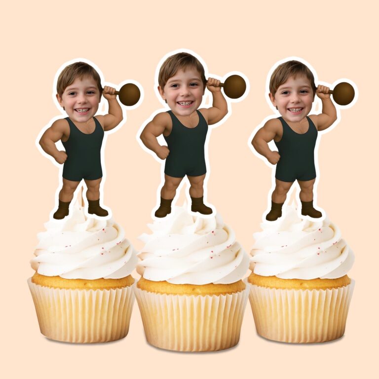 Custom Circus Strongman Face Cutout – Cupcake Topper Custom Circus Strongman Face Cutout shown on a cupcake topper mockup