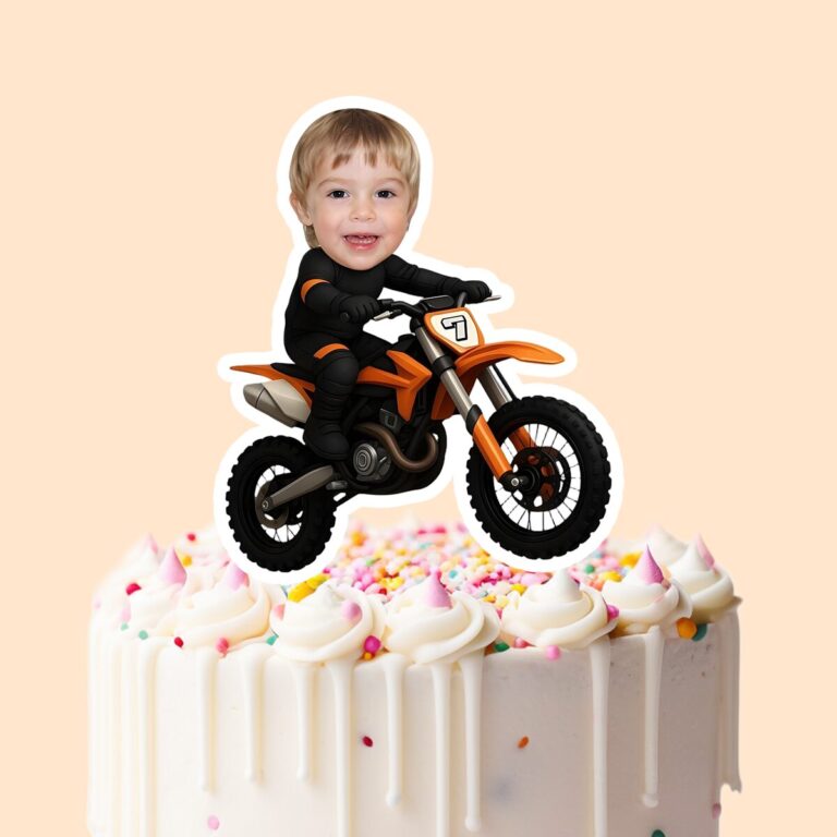 Custom Dirt-Bike Rider Black Riding Suit Face Cutout – Cake Topper Custom Dirt-Bike Rider Black Riding Suit Face Cutout shown on a cake topper mockup