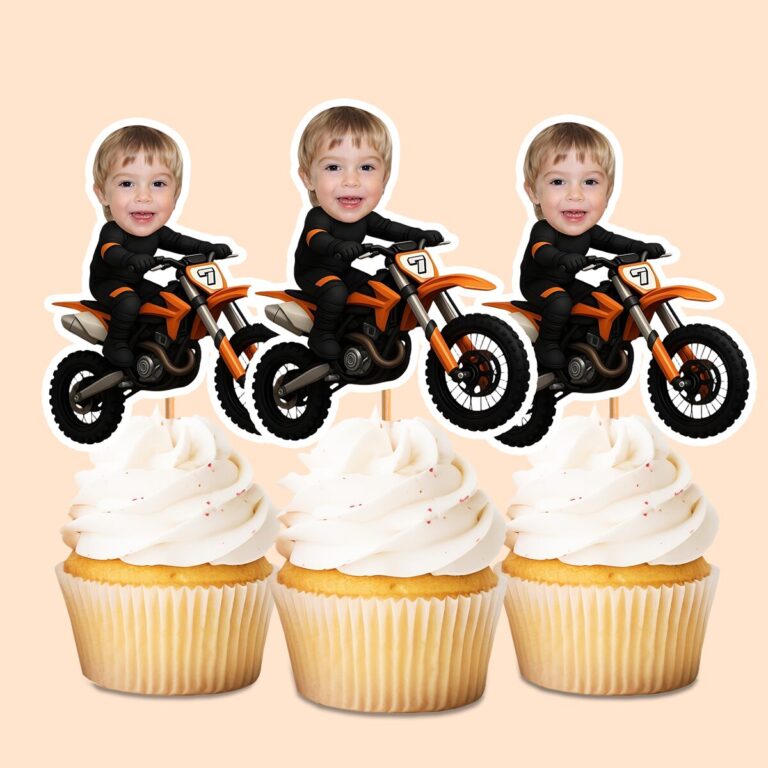 Custom Dirt-Bike Rider Black Riding Suit Face Cutout – Cupcake Topper Custom Dirt-Bike Rider Black Riding Suit Face Cutout shown on a cupcake topper mockup
