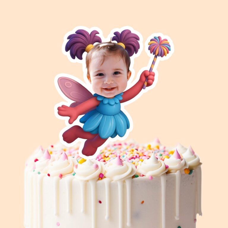 Custom Pink-And-Purple Fairy Character Face Cutout – Cake Topper Custom Pink-And-Purple Fairy Character Face Cutout shown on a cake topper mockup