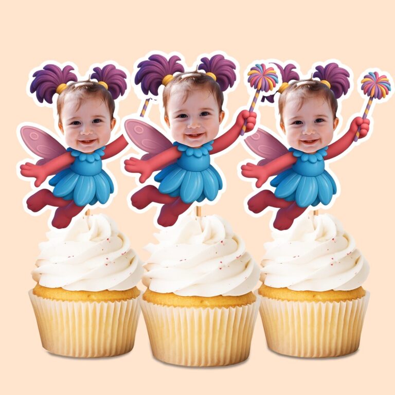 Custom Pink-And-Purple Fairy Character Face Cutout – Cupcake Topper Custom Pink-And-Purple Fairy Character Face Cutout shown on a cupcake topper mockup