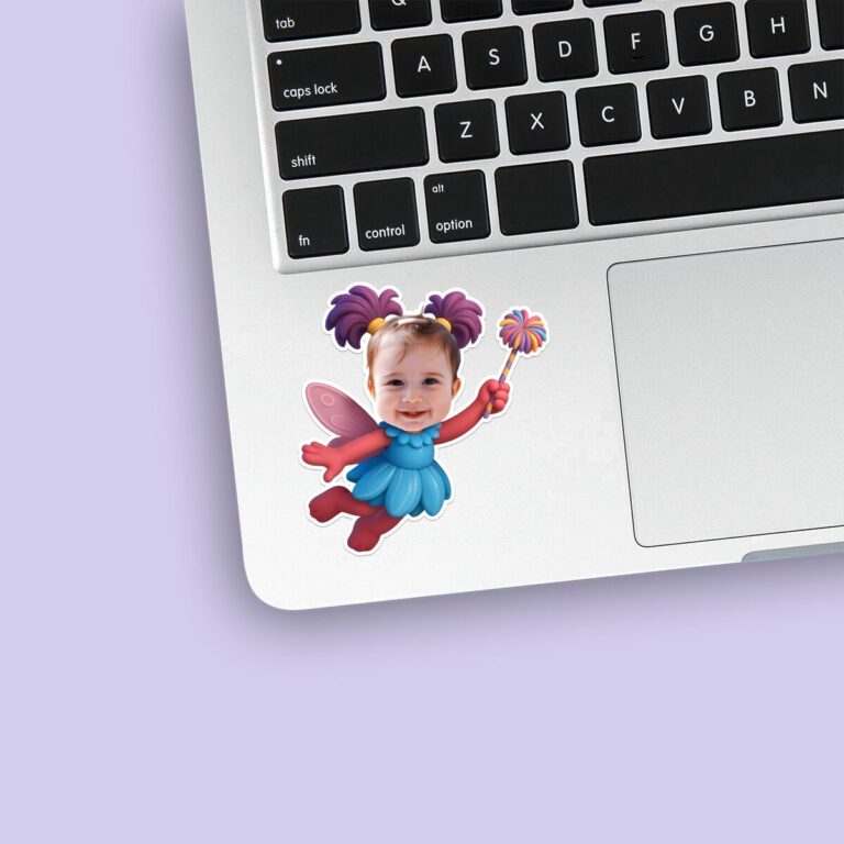 Custom Pink-And-Purple Fairy Character Face Cutout – Sticker Custom Pink-And-Purple Fairy Character Face Cutout shown on a sticker mockup