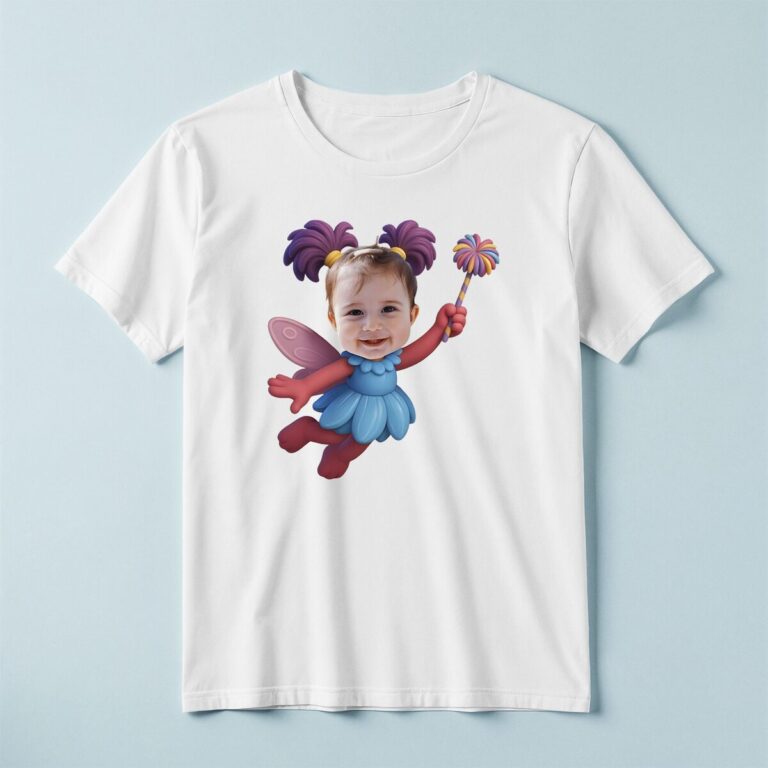 Custom Pink-And-Purple Fairy Character Face Cutout – T-shirt Custom Pink-And-Purple Fairy Character Face Cutout shown on a T-shirt mockup