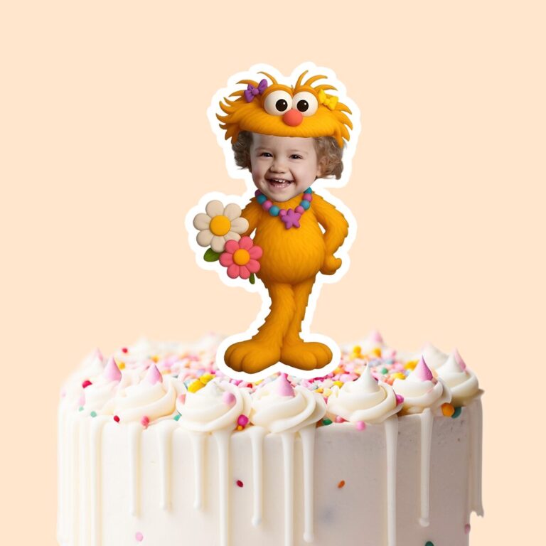 Custom Orange Fuzzy Flower Character Face Cutout – Cake Topper Custom Orange Fuzzy Flower Character Face Cutout shown on a cake topper mockup