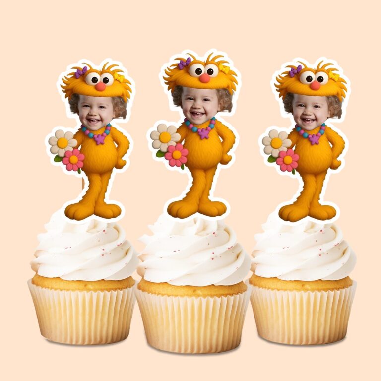 Custom Orange Fuzzy Flower Character Face Cutout – Cupcake Topper Custom Orange Fuzzy Flower Character Face Cutout shown on a cupcake topper mockup