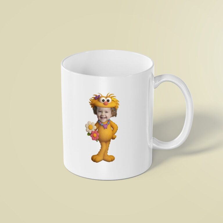 Custom Orange Fuzzy Flower Character Face Cutout – Mug Custom Orange Fuzzy Flower Character Face Cutout shown on a mug mockup