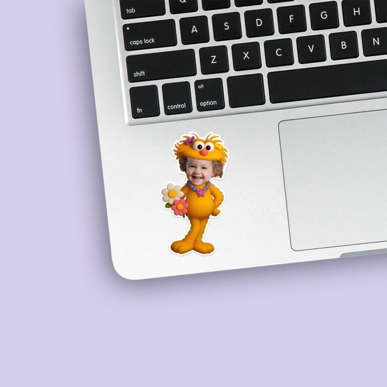 Custom Orange Fuzzy Flower Character Face Cutout – Sticker Custom Orange Fuzzy Flower Character Face Cutout shown on a sticker mockup