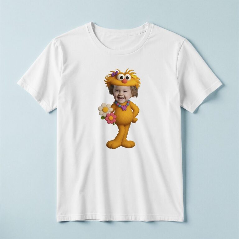 Custom Orange Fuzzy Flower Character Face Cutout – T-shirt Custom Orange Fuzzy Flower Character Face Cutout shown on a T-shirt mockup