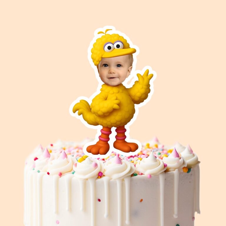 Custom Large Yellow Bird Costume Face Cutout – Cake Topper Custom Large Yellow Bird Costume Face Cutout shown on a cake topper mockup