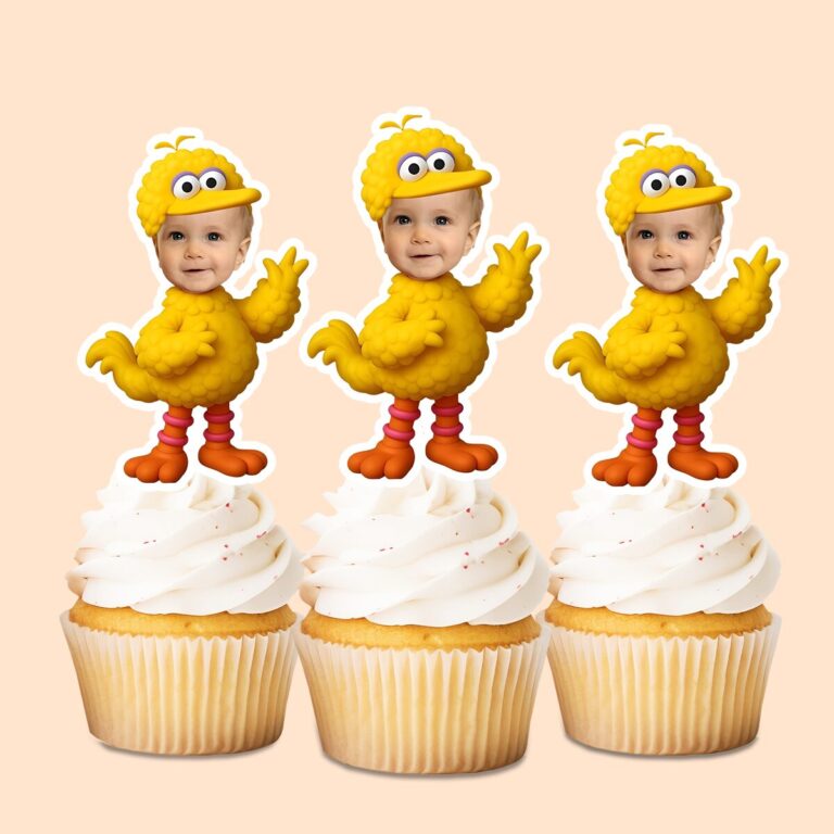 Custom Large Yellow Bird Costume Face Cutout – Cupcake Topper Custom Large Yellow Bird Costume Face Cutout shown on a cupcake topper mockup