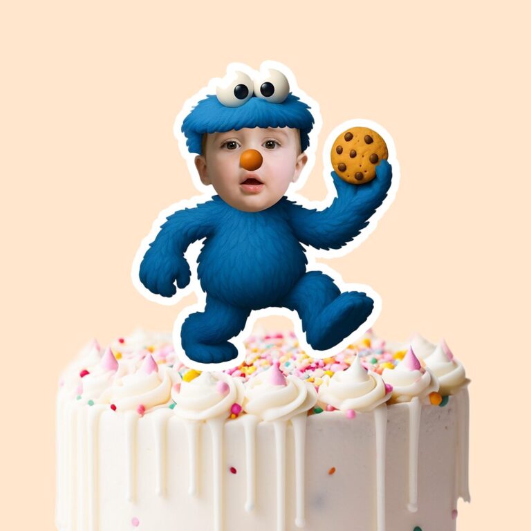 Custom Blue Cookie-Loving Monster Costume Face Cutout – Cake Topper Custom Blue Cookie-Loving Monster Costume Face Cutout shown on a cake topper mockup