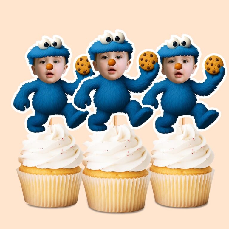 Custom Blue Cookie-Loving Monster Costume Face Cutout – Cupcake Topper Custom Blue Cookie-Loving Monster Costume Face Cutout shown on a cupcake topper mockup