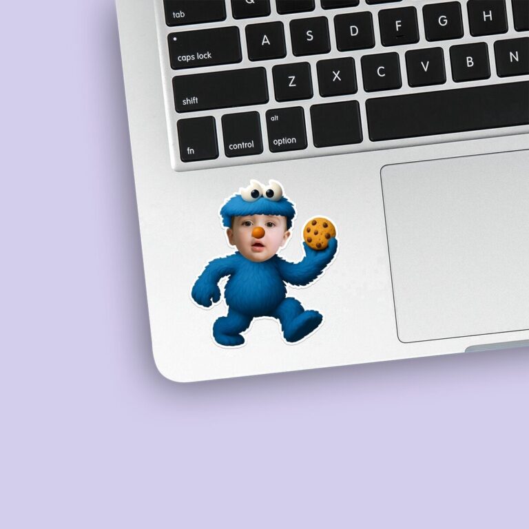 Custom Blue Cookie-Loving Monster Costume Face Cutout – Sticker Custom Blue Cookie-Loving Monster Costume Face Cutout shown on a sticker mockup