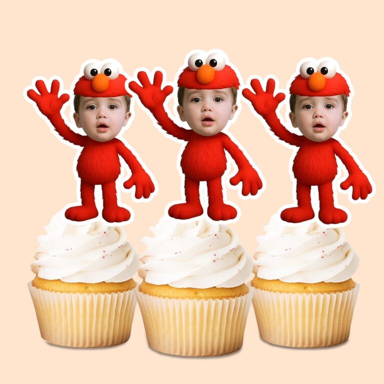 Custom Red Fuzzy Monster Costume Face Cutout – Cupcake Topper Custom Red Fuzzy Monster Costume Face Cutout shown on a cupcake topper mockup