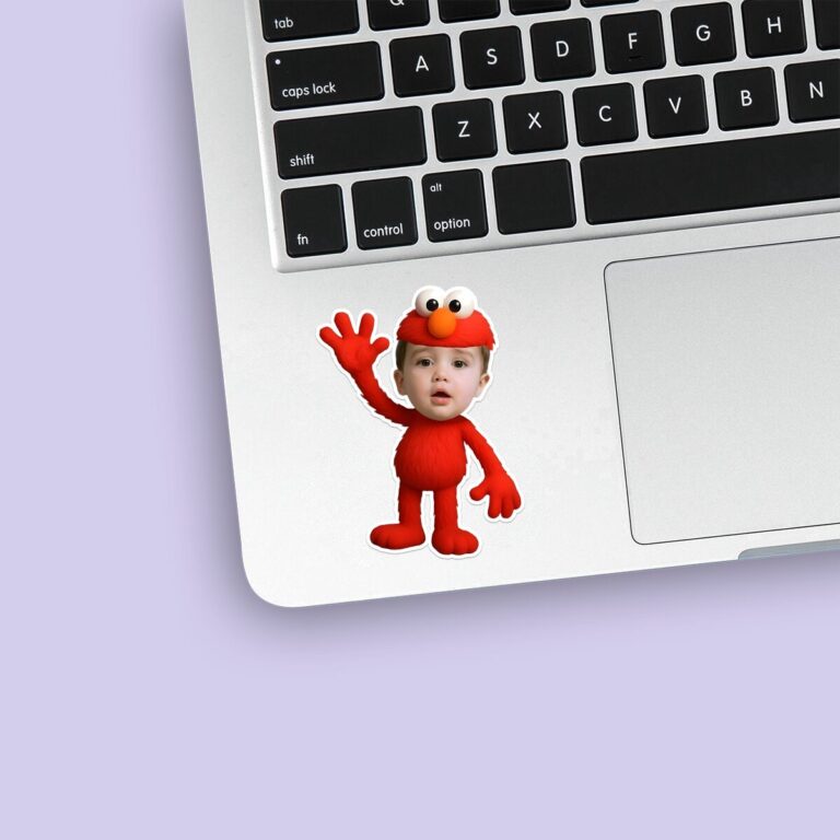 Custom Red Fuzzy Monster Costume Face Cutout – Sticker Custom Red Fuzzy Monster Costume Face Cutout shown on a sticker mockup