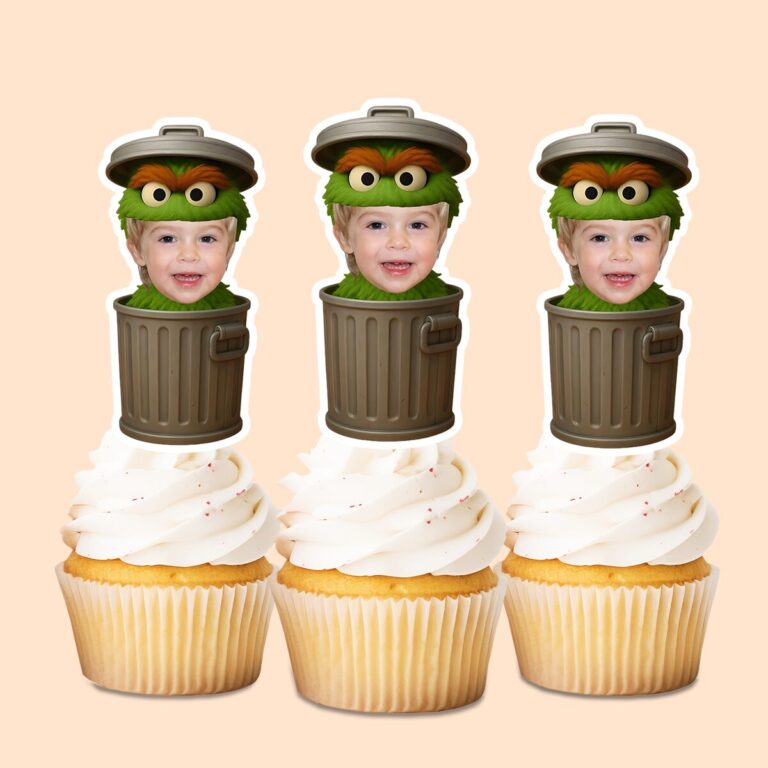 Custom Green Grouch in Trash Can Face Cutout – Cupcake Topper Custom Green Grouch in Trash Can Face Cutout shown on a cupcake topper mockup