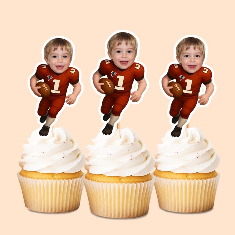 Custom Red Number 1 Football Runner Face Cutout – Cupcake Topper Custom Red Number 1 Football Runner Face Cutout shown on a cupcake topper mockup