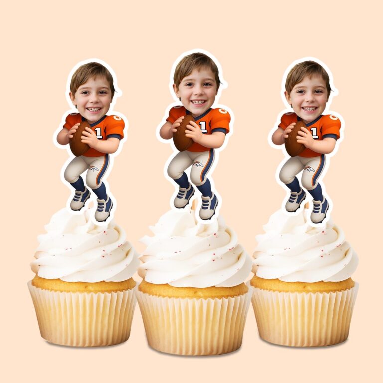 Custom Orange Number 1 Football Runner Face Cutout – Cupcake Topper Custom Orange Number 1 Football Runner Face Cutout shown on a cupcake topper mockup
