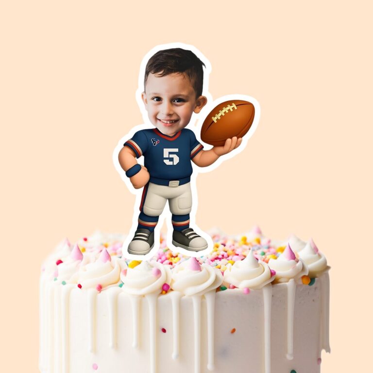 Custom Navy Number 5 Football White Pants Face Cutout – Cake Topper Custom Navy Number 5 Football White Pants Face Cutout shown on a cake topper mockup