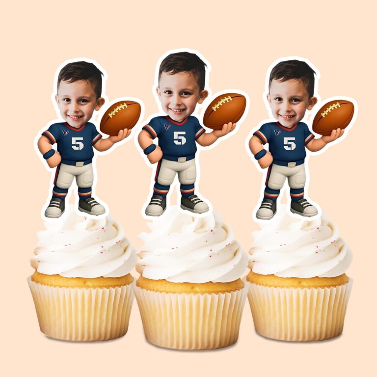 Custom Navy Number 5 Football White Pants Face Cutout – Cupcake Topper Custom Navy Number 5 Football White Pants Face Cutout shown on a cupcake topper mockup