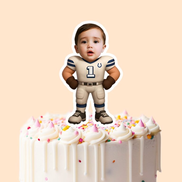Custom White Number 1 Football Player Face Cutout – Cake Topper Custom White Number 1 Football Player Face Cutout shown on a cake topper mockup
