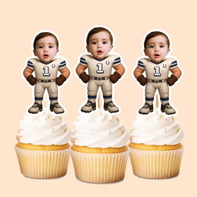 Custom White Number 1 Football Player Face Cutout – Cupcake Topper Custom White Number 1 Football Player Face Cutout shown on a cupcake topper mockup