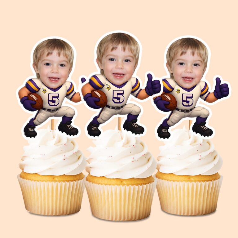 Custom White-And-Purple Number 5 Football Face Cutout – Cupcake Topper Custom White-And-Purple Number 5 Football Face Cutout shown on a cupcake topper mockup