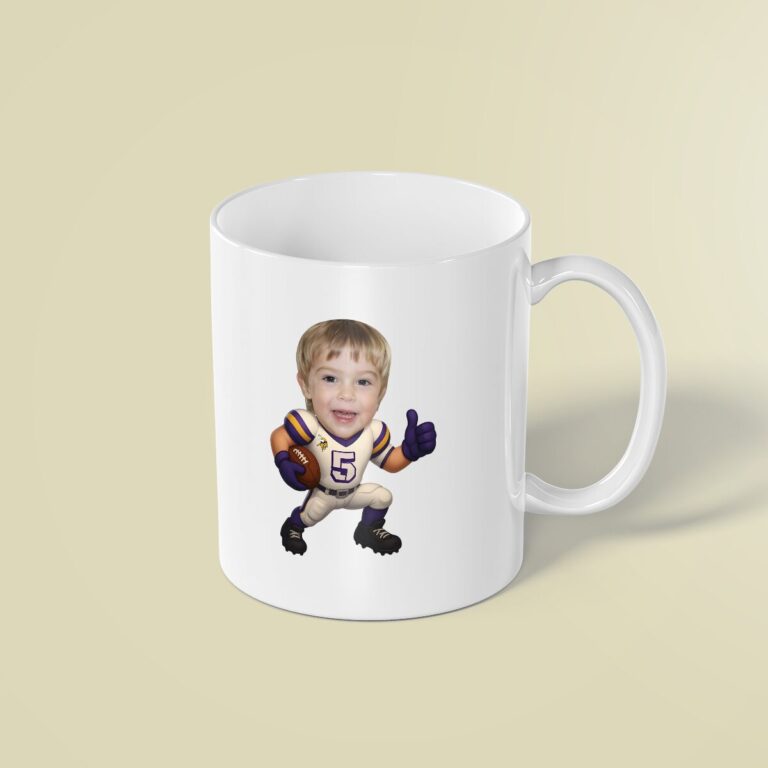 Custom White-And-Purple Number 5 Football Face Cutout – Mug Custom White-And-Purple Number 5 Football Face Cutout shown on a mug mockup