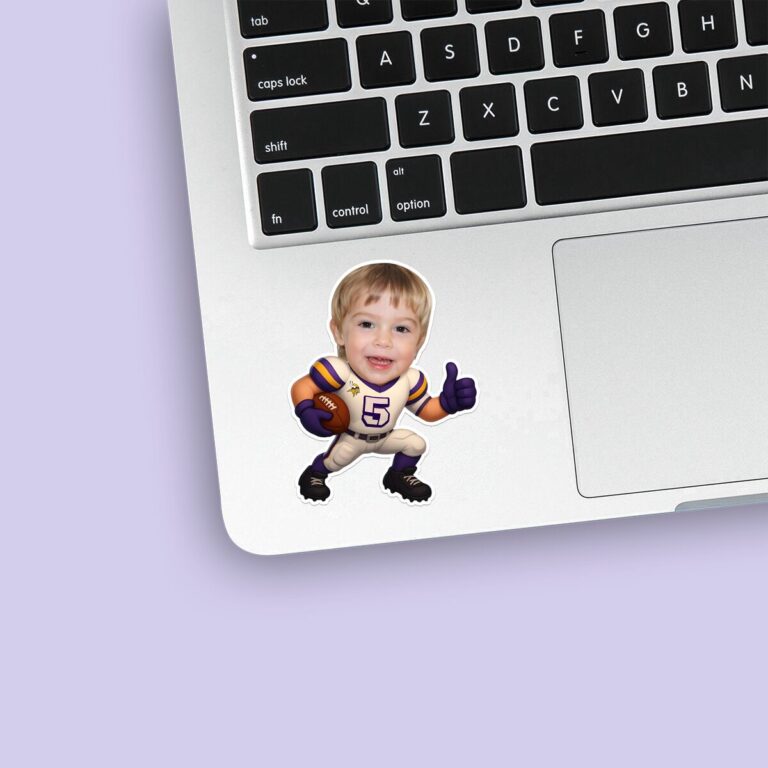 Custom White-And-Purple Number 5 Football Face Cutout – Sticker Custom White-And-Purple Number 5 Football Face Cutout shown on a sticker mockup