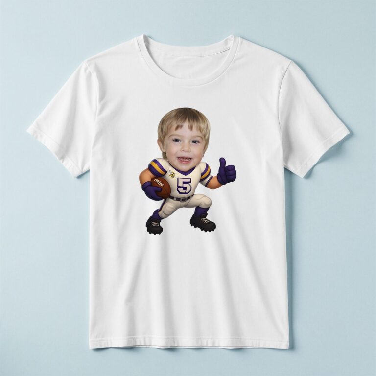 Custom White-And-Purple Number 5 Football Face Cutout – T-shirt Custom White-And-Purple Number 5 Football Face Cutout shown on a T-shirt mockup