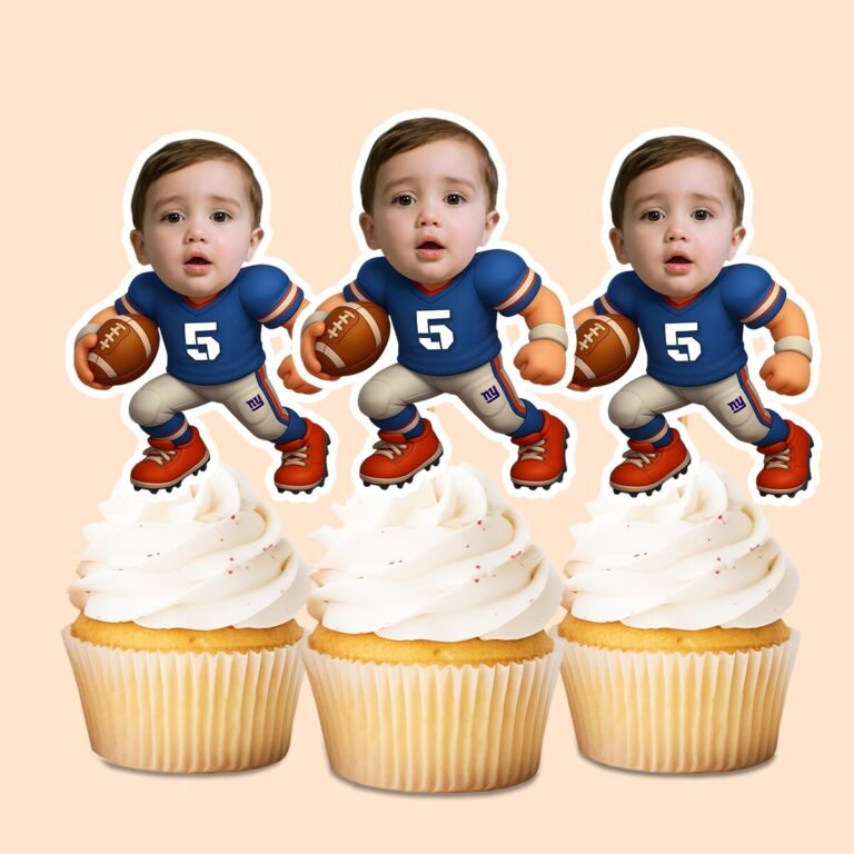 Custom Blue Number 5 Football Runner Face Cutout – Cupcake Topper Custom Blue Number 5 Football Runner Face Cutout shown on a cupcake topper mockup