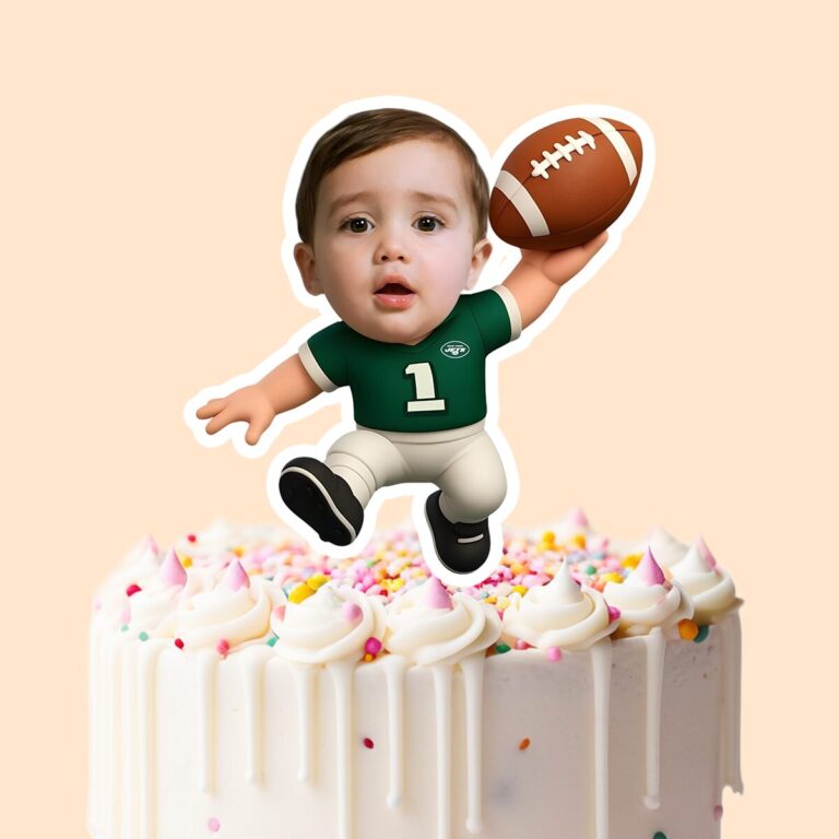 Custom Green Number 1 Football Child Face Cutout – Cake Topper Custom Green Number 1 Football Child Face Cutout shown on a cake topper mockup
