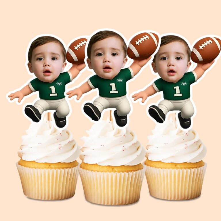 Custom Green Number 1 Football Child Face Cutout – Cupcake Topper Custom Green Number 1 Football Child Face Cutout shown on a cupcake topper mockup