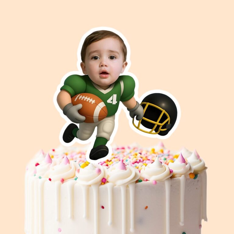Custom Green Number 4 Football Runner Carrying Face Cutout – Cake Topper Custom Green Number 4 Football Runner Carrying Face Cutout shown on a cake topper mockup