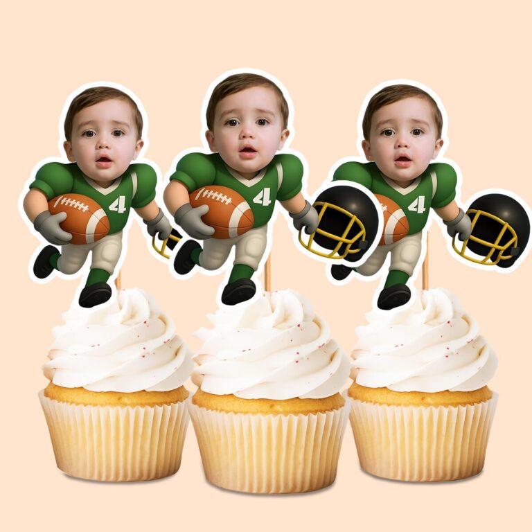 Custom Green Number 4 Football Runner Carrying Face Cutout – Cupcake Topper Custom Green Number 4 Football Runner Carrying Face Cutout shown on a cupcake topper mockup