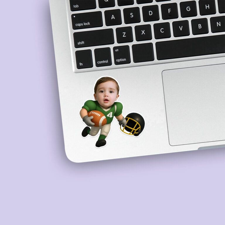Custom Green Number 4 Football Runner Carrying Face Cutout – Sticker Custom Green Number 4 Football Runner Carrying Face Cutout shown on a sticker mockup