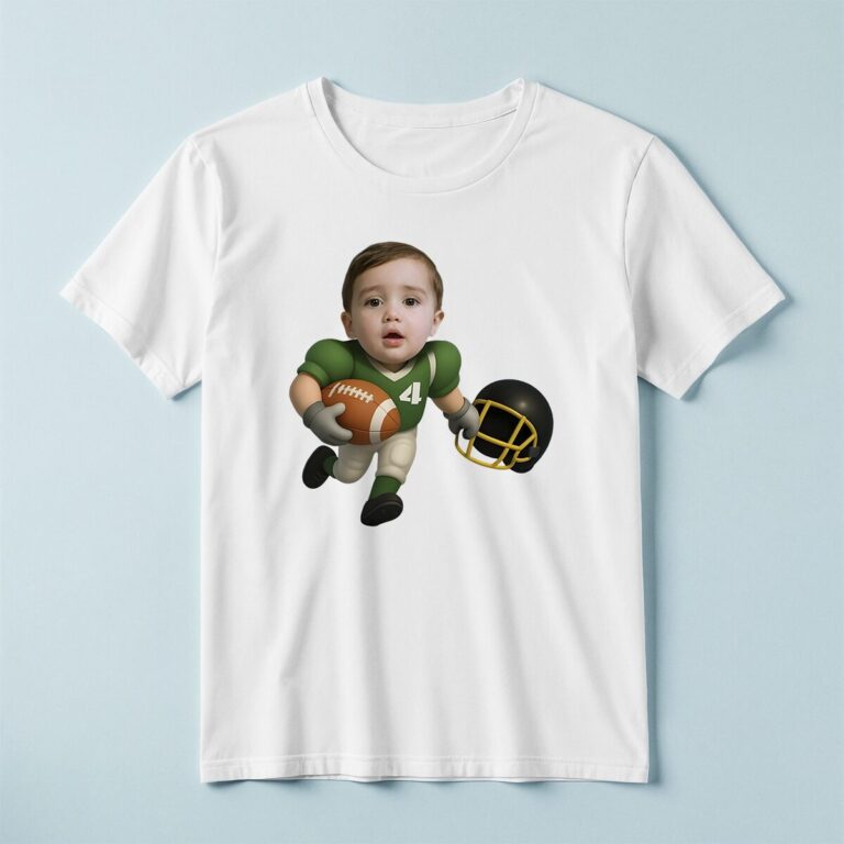 Custom Green Number 4 Football Runner Carrying Face Cutout – T-shirt Custom Green Number 4 Football Runner Carrying Face Cutout shown on a T-shirt mockup