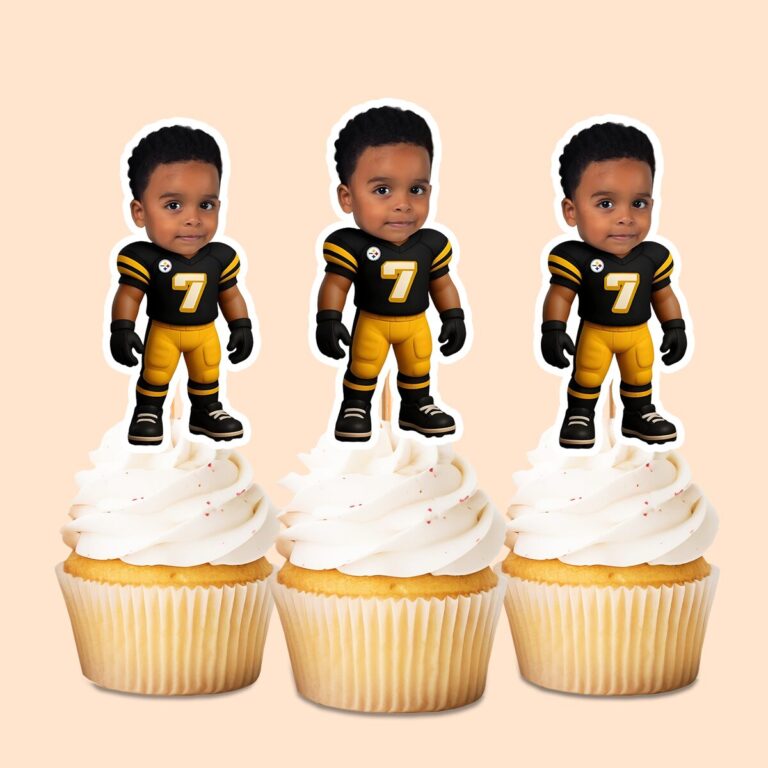 Custom Black-And-Yellow Number 7 Football Face Cutout – Cupcake Topper Custom Black-And-Yellow Number 7 Football Face Cutout shown on a cupcake topper mockup