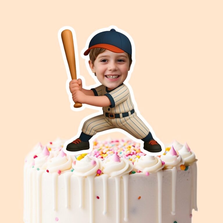 Custom Baseball Batter in Cream Pinstripes Face Cutout – Cake Topper Custom Baseball Batter in Cream Pinstripes Face Cutout shown on a cake topper mockup