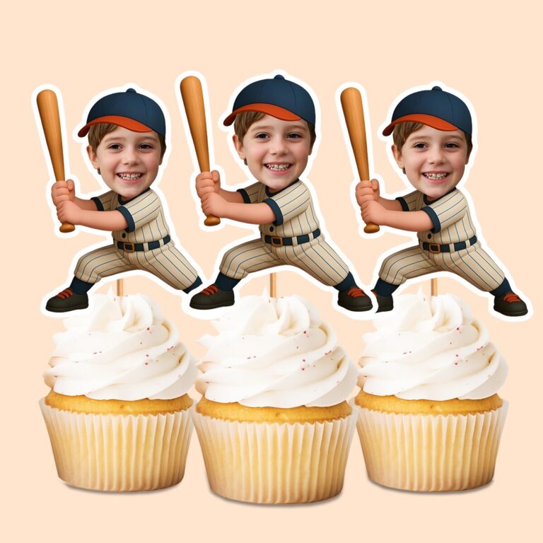 Custom Baseball Batter in Cream Pinstripes Face Cutout – Cupcake Topper Custom Baseball Batter in Cream Pinstripes Face Cutout shown on a cupcake topper mockup