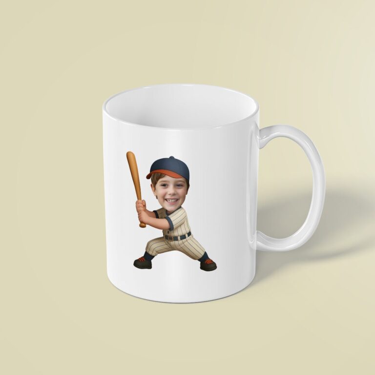 Custom Baseball Batter in Cream Pinstripes Face Cutout – Mug Custom Baseball Batter in Cream Pinstripes Face Cutout shown on a mug mockup