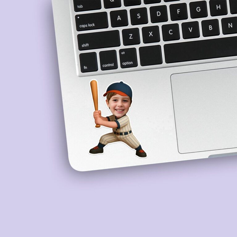 Custom Baseball Batter in Cream Pinstripes Face Cutout – Sticker Custom Baseball Batter in Cream Pinstripes Face Cutout shown on a sticker mockup