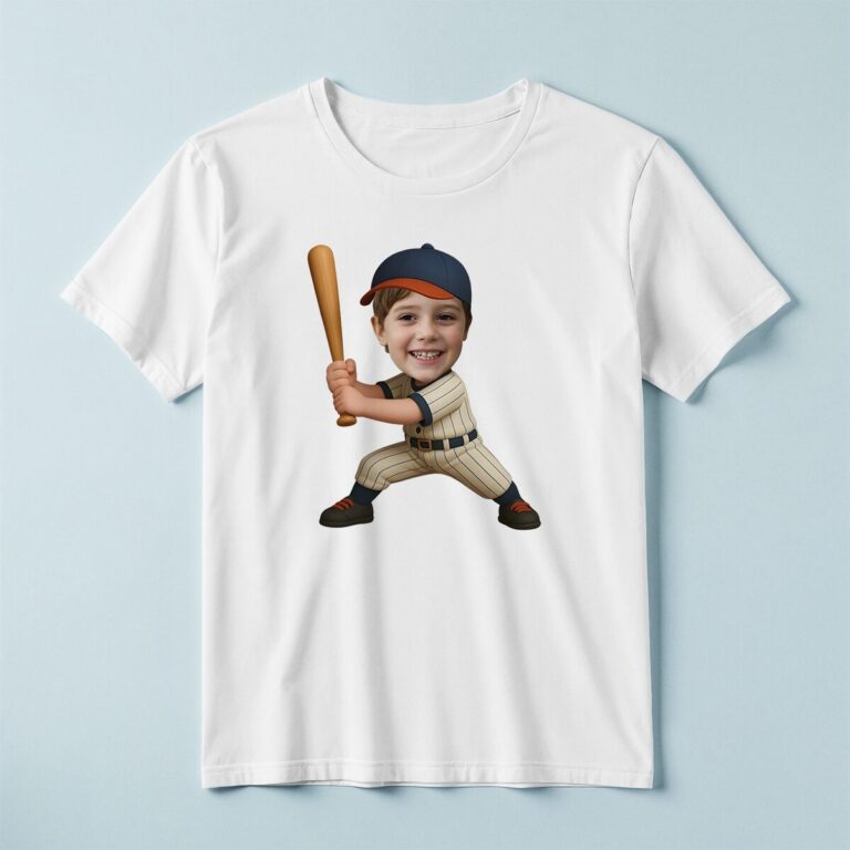 Custom Baseball Batter in Cream Pinstripes Face Cutout – T-shirt Custom Baseball Batter in Cream Pinstripes Face Cutout shown on a T-shirt mockup